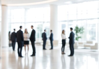 Fototapeta premium Diverse business team networking in bright modern corporate lounge area with blurred professionals standing and discussing in contemporary office building lobby