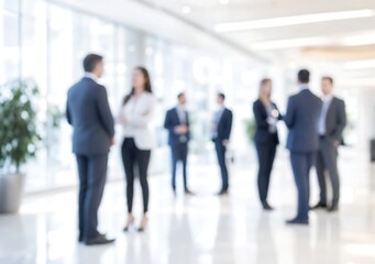 Fototapeta premium Corporate professionals networking in bright modern office hall with blurred business individuals standing and talking during professional seminar or corporate event