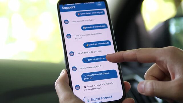 Using a mobile support bot to resolve network issues. The user selects Slow data, weak signal and Family, shared plan via chat. Perfect for telecom, customer service automation, and AI troubleshooting