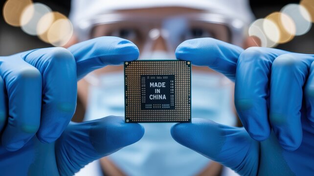 Close up of a technician holding a microchip with Made in China text in a high-tech laboratory.