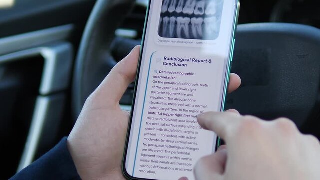Checking tooth health results on the go. Close-up of a person using a mobile patient portal inside a car. Detailed diagnosis and radiograph view. Perfect for modern healthcare, insurance tech, and