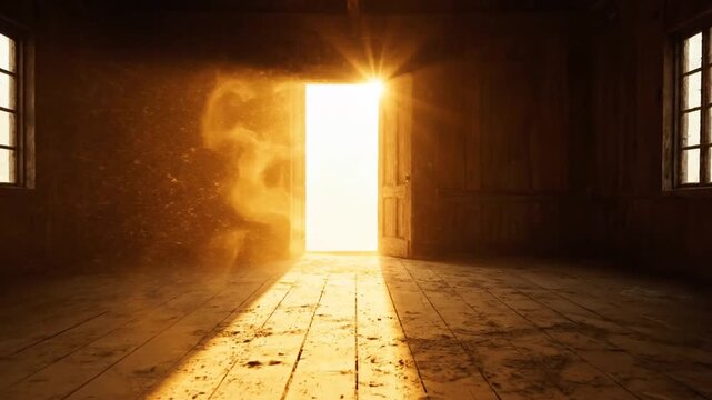 Golden sunlight streaming through open door into dark rustic wooden room with dust particles