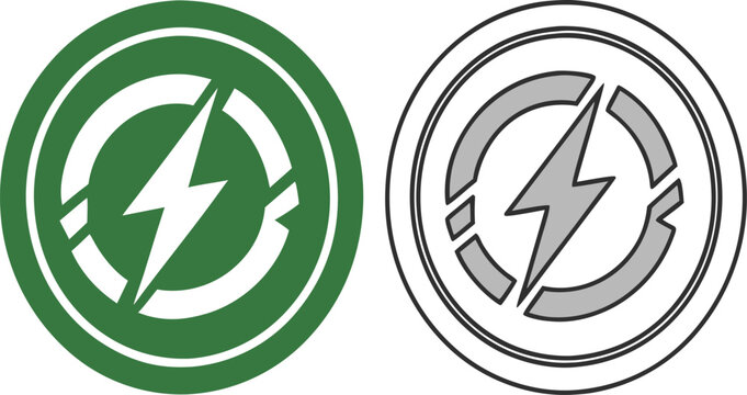 Green and grey circular lightning bolt badge icons vector illustration for electric vehicle charging station symbols or energy efficiency conceptsGreen and grey circular lightning bolt badge icons vec
