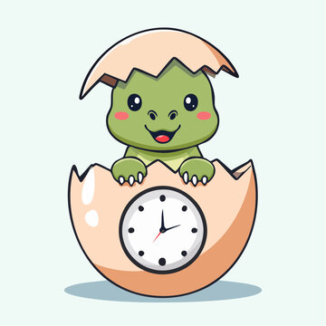 Cute baby turtle hatching from egg with clock
