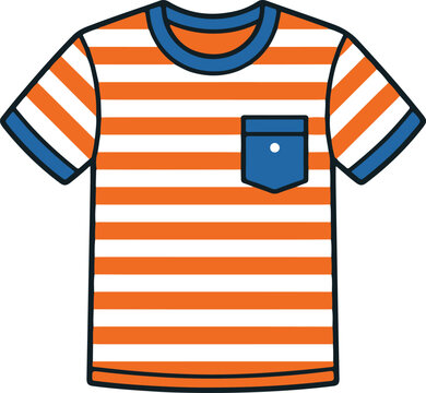 A casual short-sleeved ringer t-shirt featuring a vibrant orange and white horizontal stripe pattern, accented with a solid blue crew neck collar, sleeve cuffs, and a single left chest pocket with a w