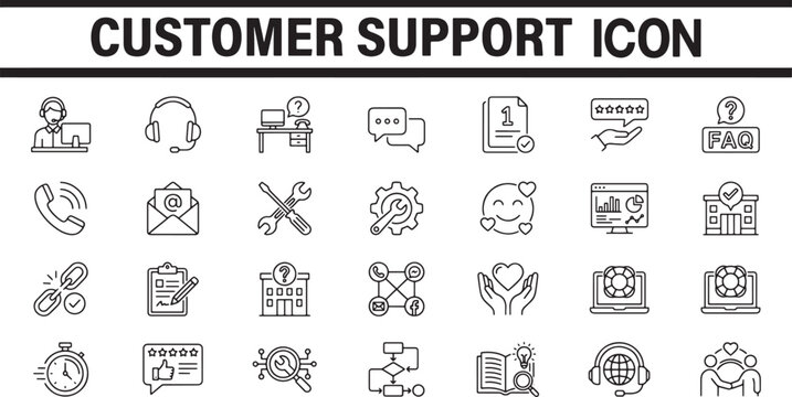 Customer support icon set featuring thin line symbols for help desk service communication assistance and technical troubleshooting business solutions