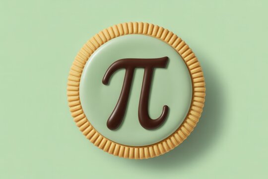 Round biscuit with light green icing and chocolate pi sign on solid green background