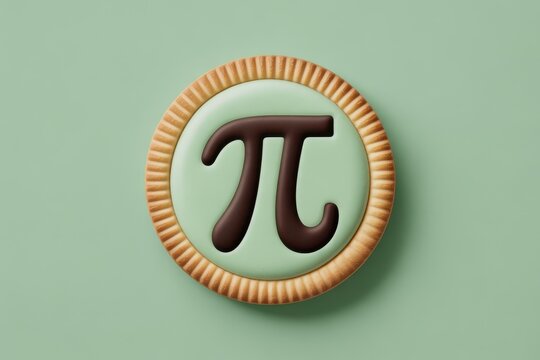 Decorative round cookie with green frosting and chocolate pi symbol on light green background