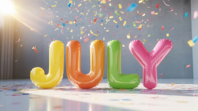 The word JULY spelled out in colorful inflatable foil balloons with confetti in a celebratory room.