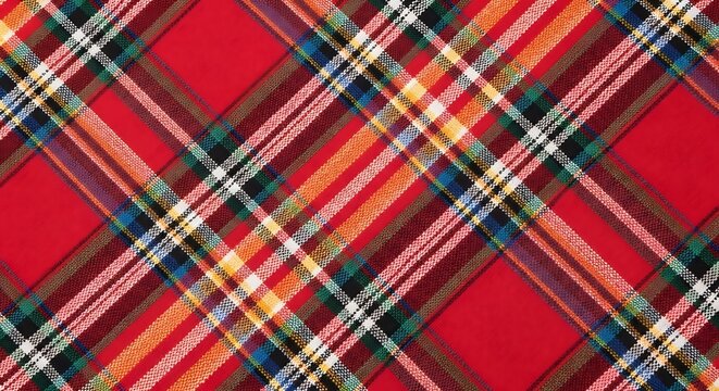 Vibrant red plaid pattern with multicolored stripes background
