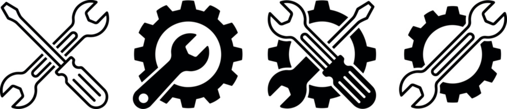 Technical Support Service Icon Set Featuring Crossed Wrench Screwdriver and Cogwheel Gear Symbols for App Interfaces Website Settings and Engineering Project Layouts