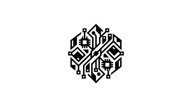 Abstract geometric black and white pattern with circuit board design
