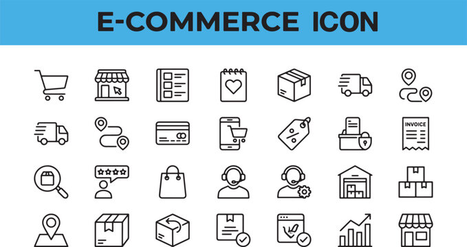 Set of e-commerce and online shopping line icons featuring delivery logistics payment methods and customer support service symbols