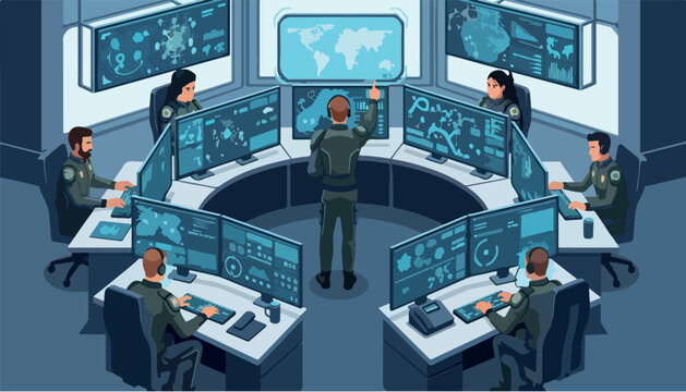 Futuristic Military Control Center with Geolocation Monitoring and Security Operations