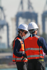 Obraz premium Engineering team collaborating on technical schematics and vessel maintenance plans at a bustling maritime shipyard facility during the daytime.