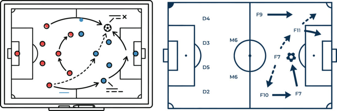 Handball court strategy playbook with offensive and defensive diagrams vector illustration