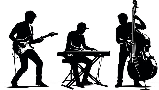 Musicians Silhouette Vector Graphic Collection with Acoustic Double Bass Guitarist and Electronic Keyboard Synthesizer Players Performing Live Jazz Music Concert on Stage