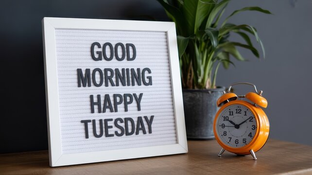 Letter board with good morning happy Tuesday message next to orange alarm clock and green plant