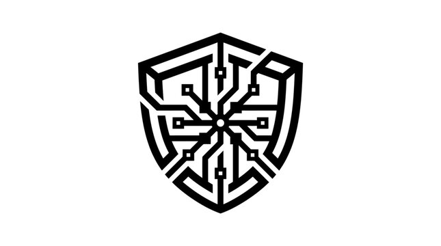 Geometric shield symbol with intricate circuit pattern design