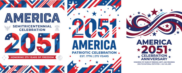 Obraz premium Vintage America 2051 Retro Futuristic Poster Design with Patriotic Elements and Wavy Stripes