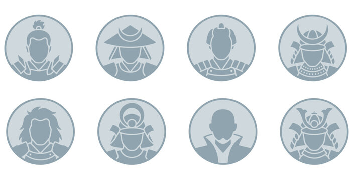 Collection of eight circular icons featuring stylized Japanese samurai warriors in traditional armor and helmets.