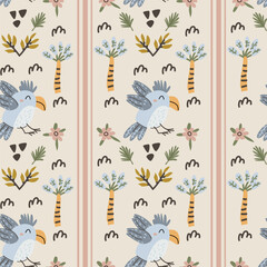 Cute african parrot and palm seamless pattern in scandinavian doodle style. Cartoon vector illustration, Tropical palm and flowers, doodle floral elements in childish style. © ZhumaStudio