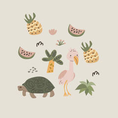 Fototapeta premium Cute african turtle and flamingo round composition in scandinavian doodle style. Cartoon vector illustration, Tropical palm and fruits, doodle floral elements in childish style.