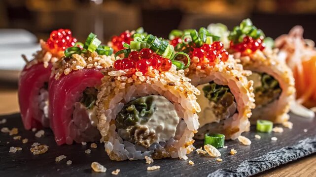 Gourmet tuna sushi rolls topped with red salmon roe caviar and sliced green onions on black slate