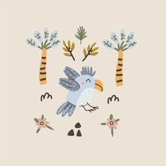Cute african parrot and palm composition in scandinavian doodle style. Cartoon vector illustration, Tropical palm and flowers, doodle floral elements in childish style. © ZhumaStudio