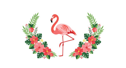 Elegant pink flamingo stands on one leg, framed by two symmetrical arrangements of tropical flowers and lush green palm leaves. © Ryan