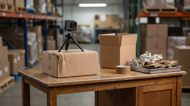 Dented parcel under camera at warehouse damage documentation station