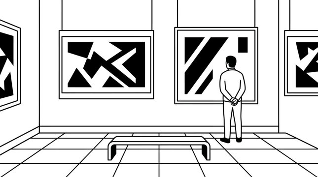A man standing and looking at an abstract painting in a gallery.