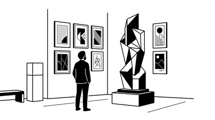A man stands alone looking at a large modern abstract sculpture in a minimalist art gallery. © andika chyr