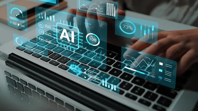 Hands typing on keyboard with digital AI interface displaying data analysis, metrics, and charts in a modern workspace, showcasing technology and innovation Gluon.