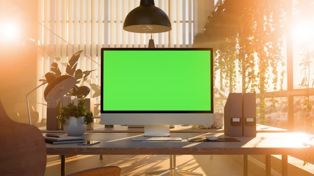 Computer Green Screen Modern Office Workspace with and Evening Sunlight - Camera Orbit