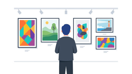 A man stands viewing diverse art paintings in a modern gallery exhibition. © andika chyr