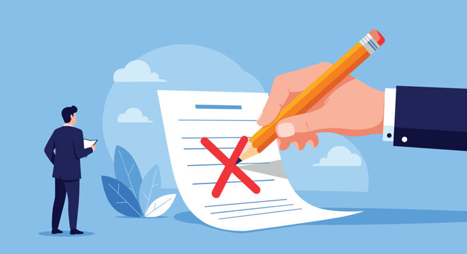 Giant hand using orange pencil to put red cross mark on document while businessman watches for rejection and evaluation.