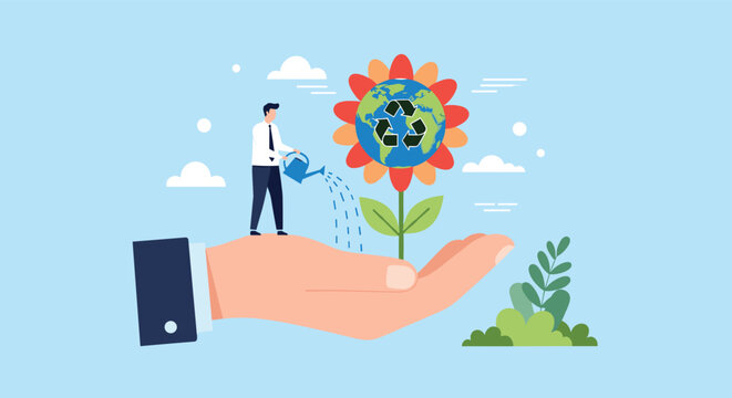 Person watering globe flower with green recycle symbol held in large hand for environmental protection and sustainability.