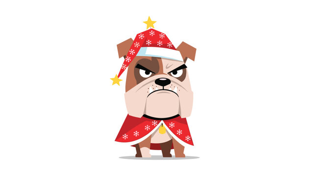 Grumpy cartoon bulldog is dressed up for the holidays in a red Christmas cape and a matching Santa hat adorned with stars.
