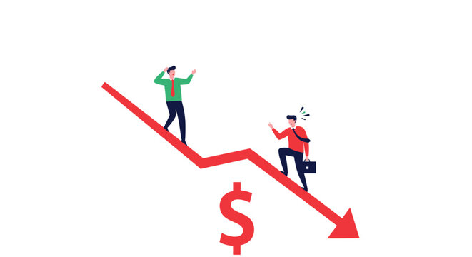 Concerned businessmen running along a falling red arrow graph with large dollar sign representing economic crisis.
