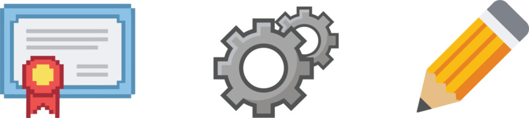 Obraz premium Pixel art certificate gear and pencil icons set, education productivity and creative tools collection