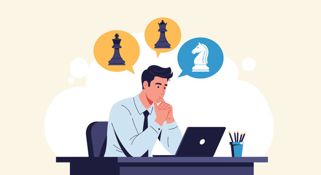 Strategic thinker analyzes complex business problems while visualizing chess pieces to represent tactical moves and planning.