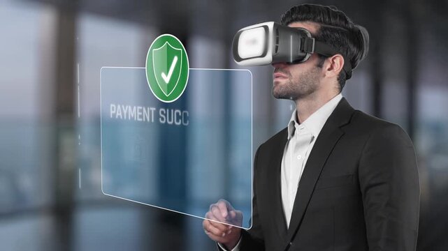 A young professional interacts with virtual reality technology to confirm payment success. The image illustrates innovative finance and secure transactions in modern business interactions. Raster