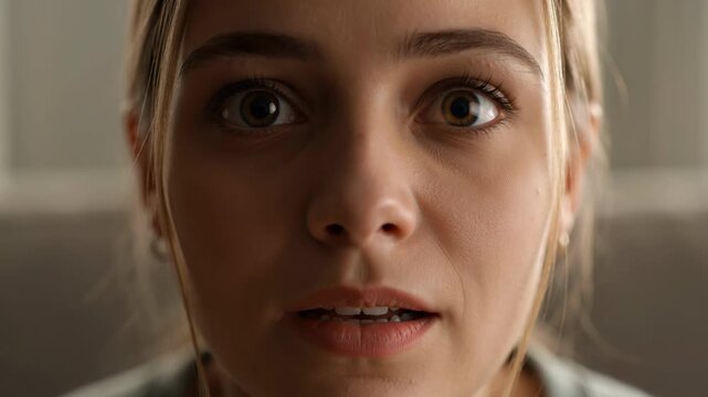 Close up of a young woman with a surprised facial expression looking at a camera