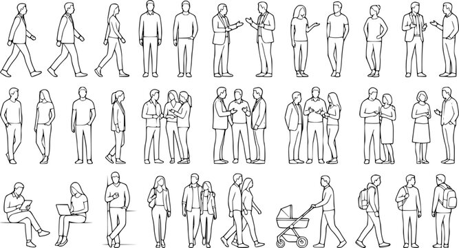 CAD Drawings. Set people outlines isolated on white background. Walking, standing, talking etc. Vector illustration.