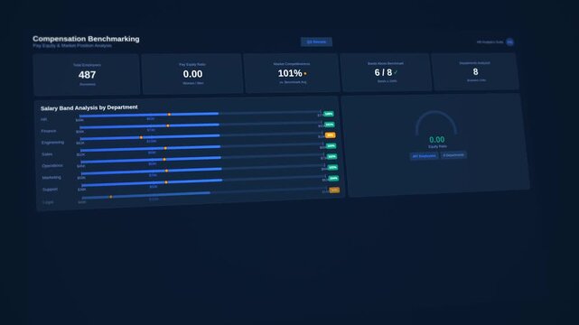 HR salary band compensation dashboard: animated employee pay grade tracker with budget allocation, headcount and department breakdown