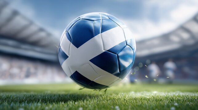 Close-up of a football featuring Scotland flag in a stadium with players in the background during a Football World Cup soccer match