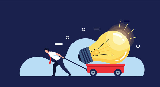 Resourceful entrepreneur pulls a heavy red wagon carrying a massive glowing light bulb to deliver a new innovative idea.