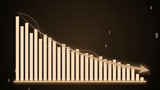 Declining financial bar chart with downward arrow animation