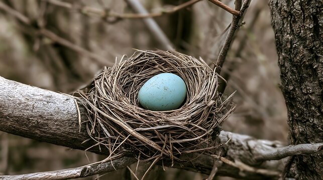 A single blue robin egg resting inside a woven twig nest in nature